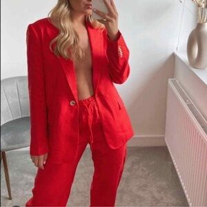 Zara Straight Cut Linen Blazer Jacket Red size S